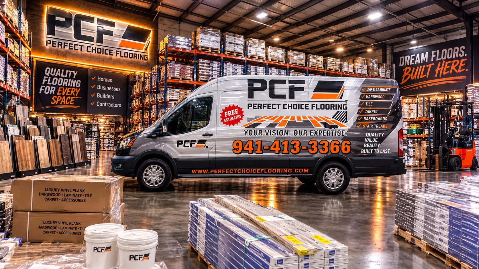 Perfect Choice Flooring warehouse and branded van